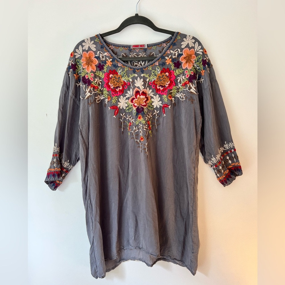 Johnny Was Floral Blueish-Grey Dress Translucent Sz M